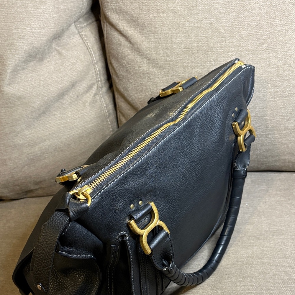 Chloe Marcie Black Leather Satchel with Gold Accents - Picture 10 of 12